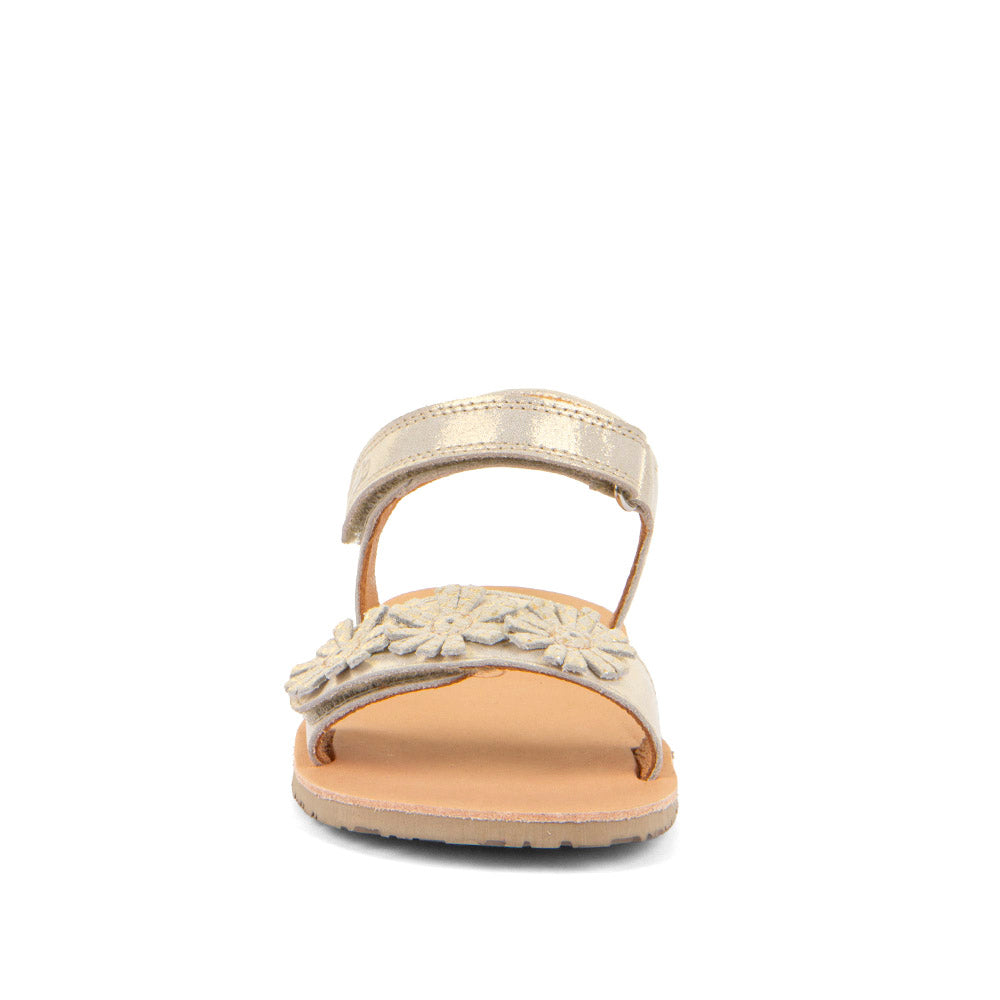 Sandalias Froddo Barefoot Flexy con flores doradas brillantes