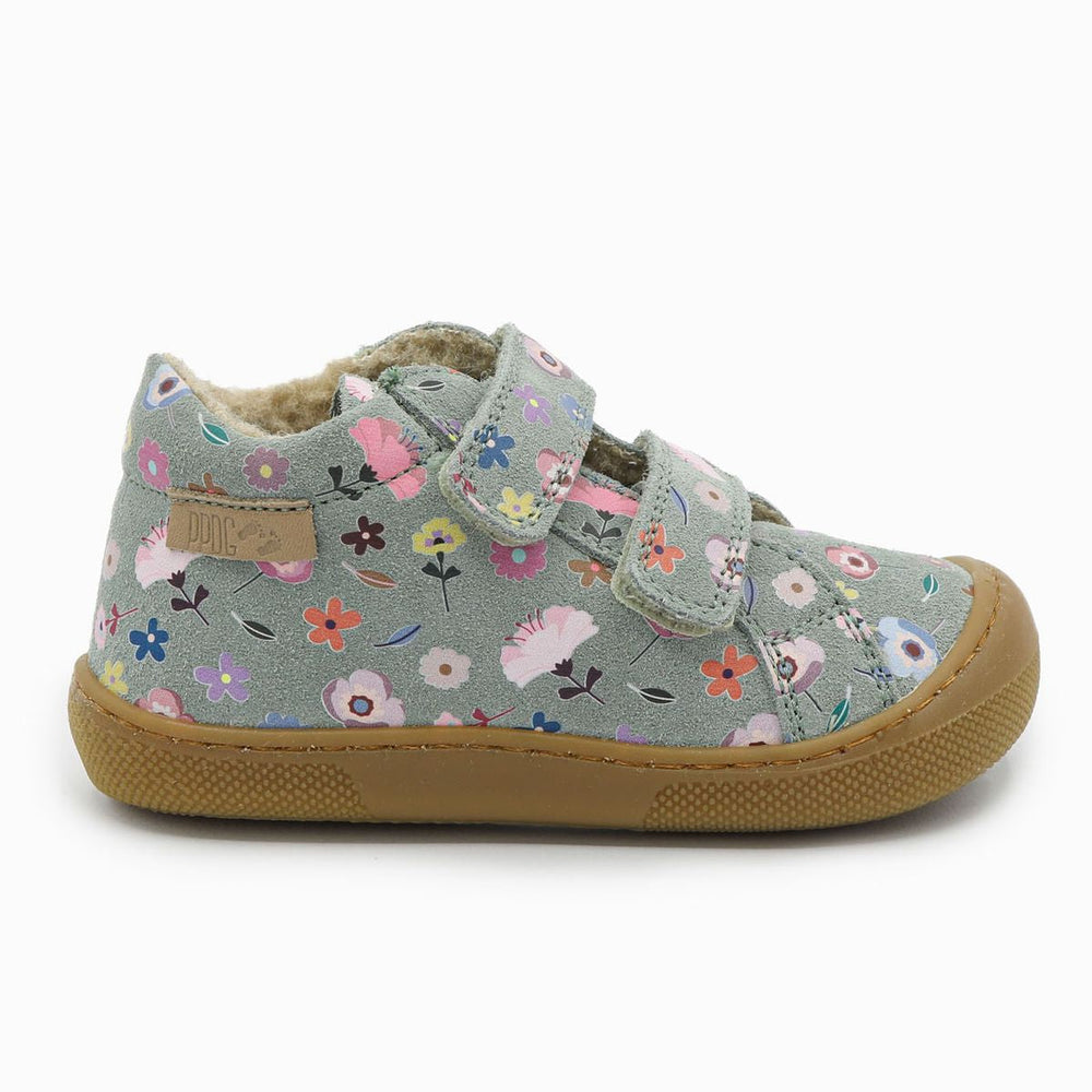 Naturino Barefoot Kommy con velcros de ante y lana con flores, verde salvia