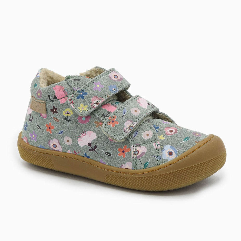Naturino Barefoot Kommy con velcros de ante y lana con flores, verde salvia
