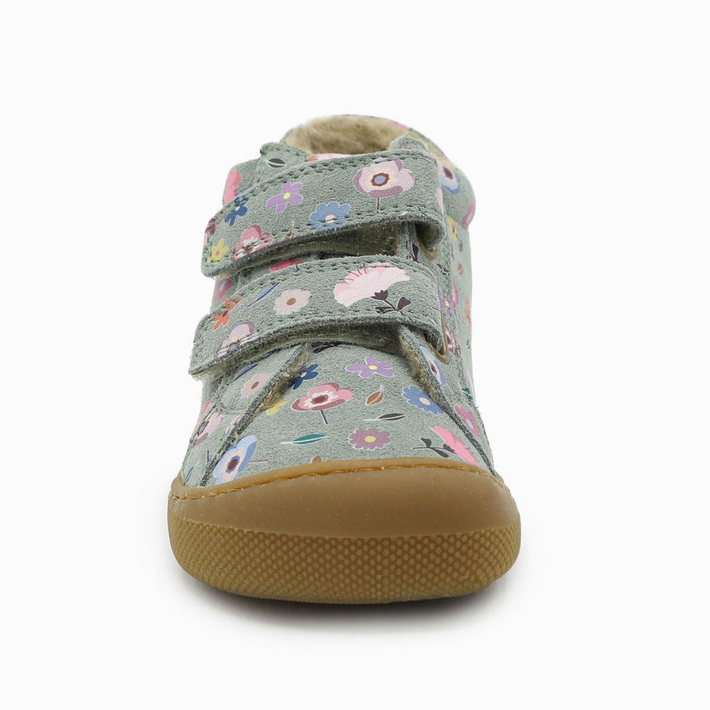 Naturino Barefoot Kommy con velcros de ante y lana con flores, verde salvia