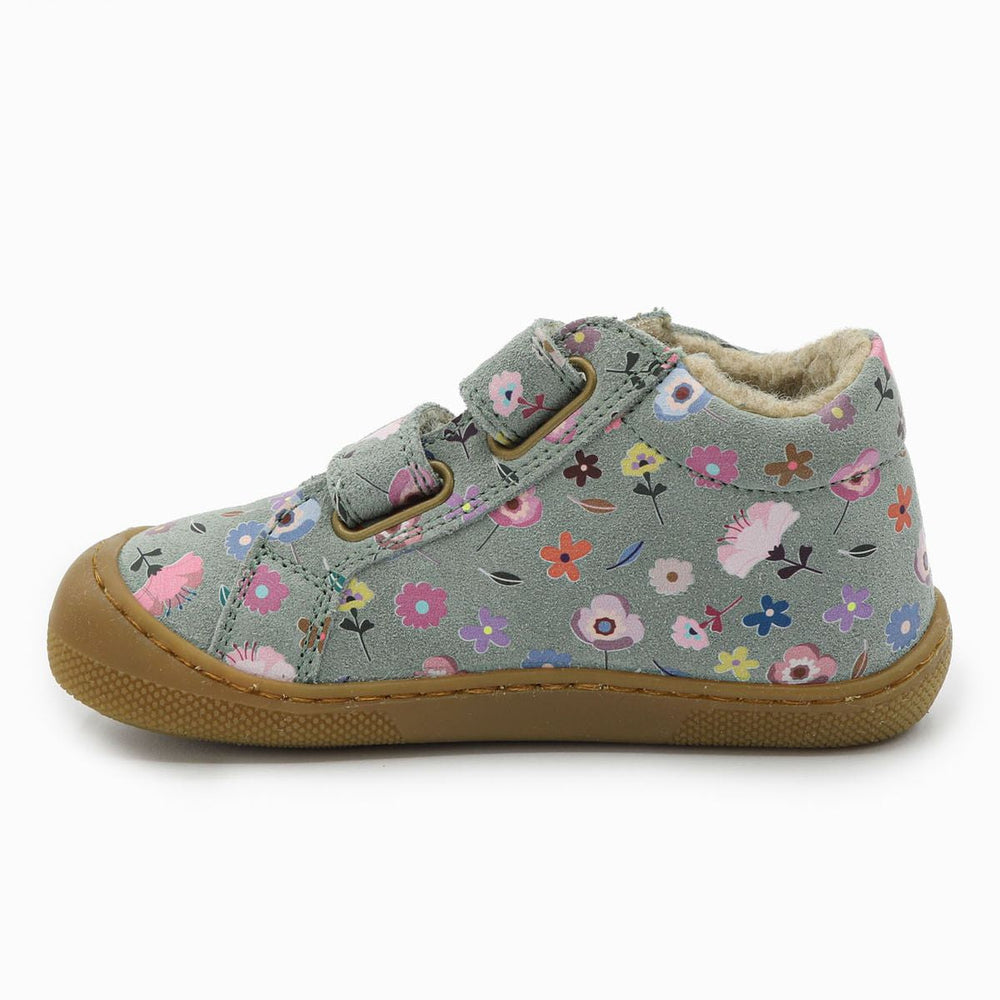 Naturino Barefoot Kommy con velcros de ante y lana con flores, verde salvia