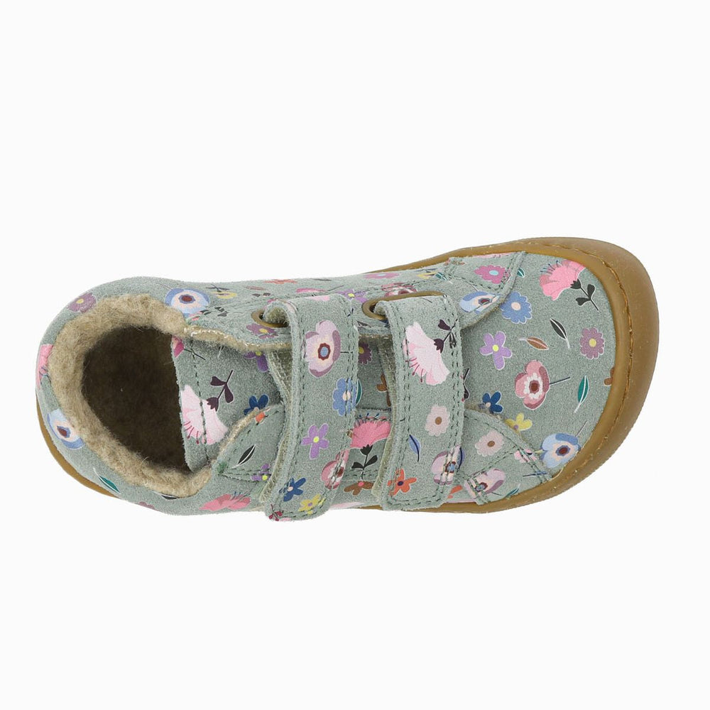 Naturino Barefoot Kommy con velcros de ante y lana con flores, verde salvia