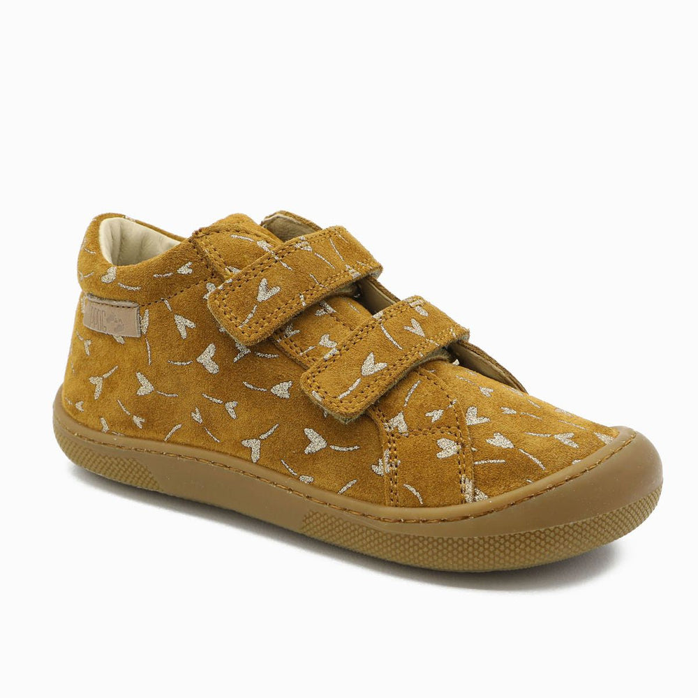 Naturino Barefoot Kommy con velcros de ante brillante flor corazón avellana