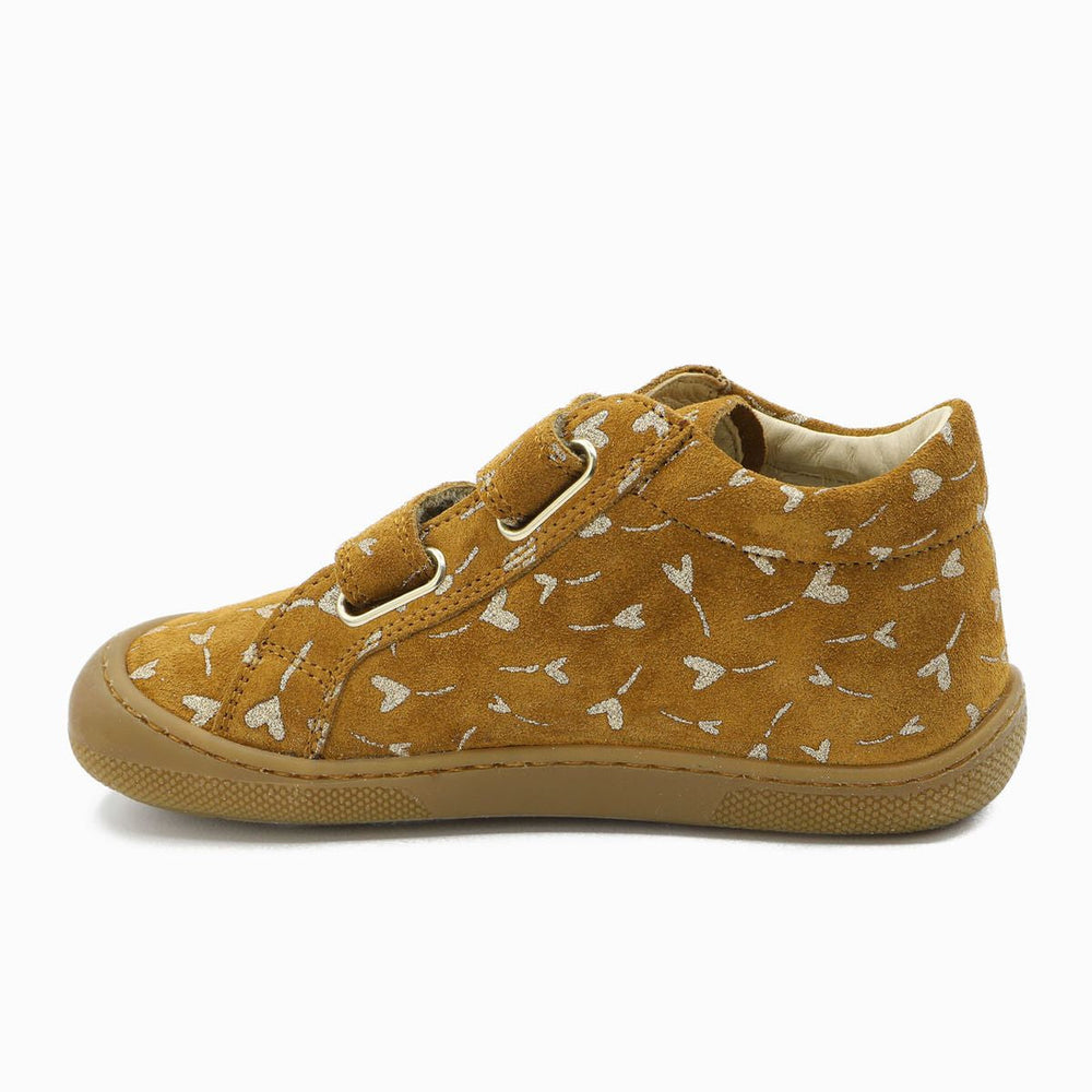 Naturino Barefoot Kommy con velcros de ante brillante flor corazón avellana
