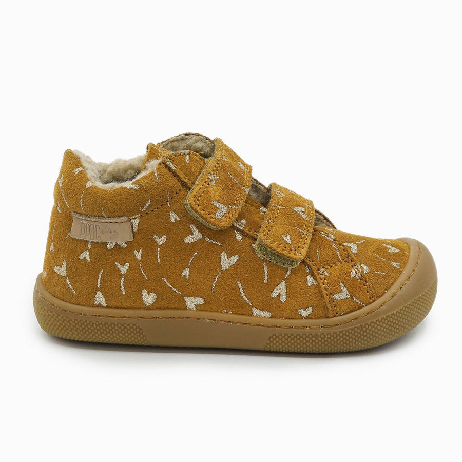 Naturino Barefoot Kommy con velcros de ante, purpurina, flores, corazones y lana