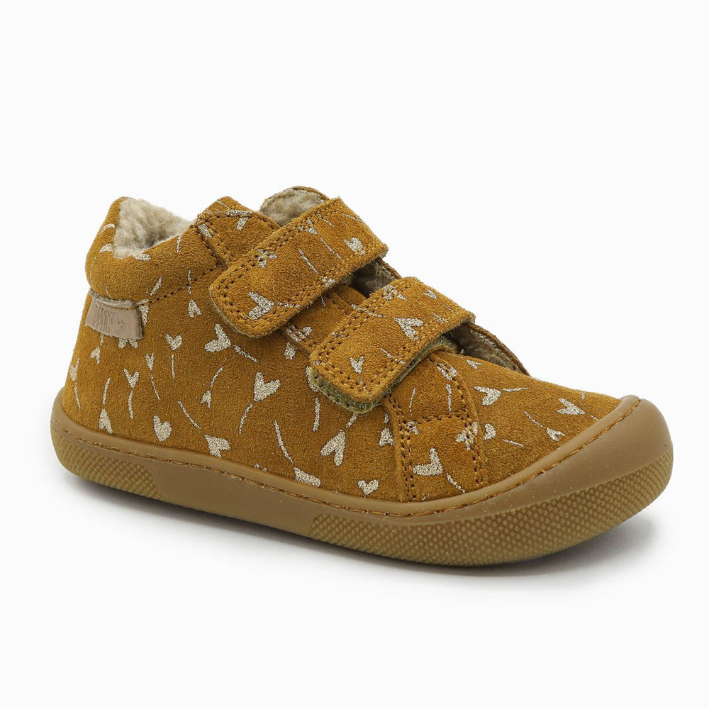 Naturino Barefoot Kommy con velcros de ante, purpurina, flores, corazones y lana