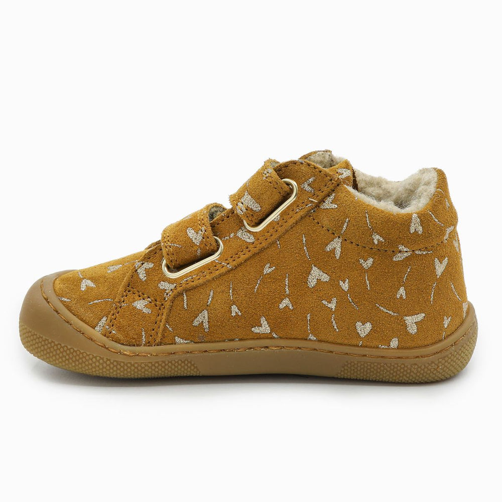 Naturino Barefoot Kommy con velcros de ante, purpurina, flores, corazones y lana