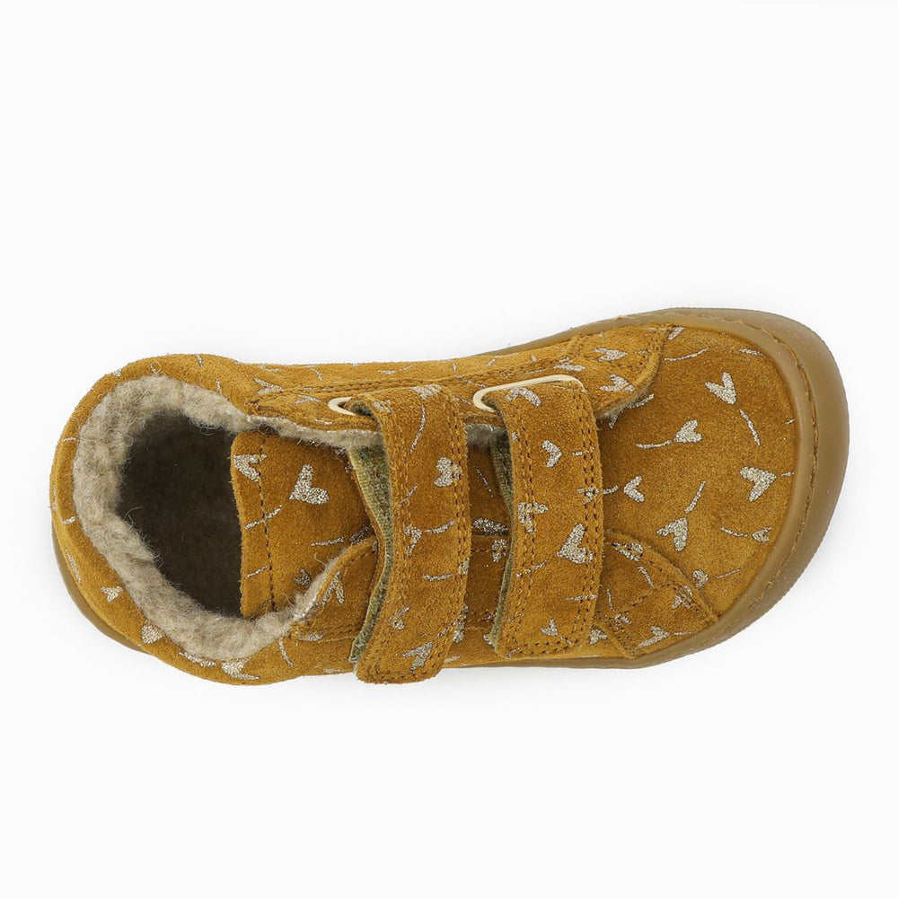 Naturino Barefoot Kommy con velcros de ante, purpurina, flores, corazones y lana