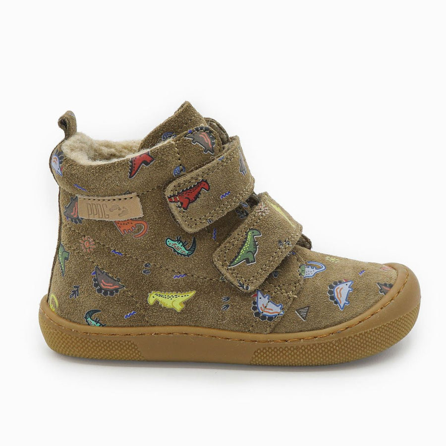 Naturino Barefoot Vont con velcro, ante Dinoland, forro de lana, marrón claro
