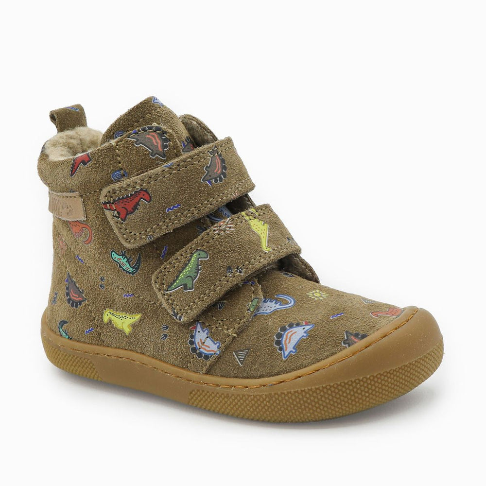 Naturino Barefoot Vont con velcro, ante Dinoland, forro de lana, marrón claro