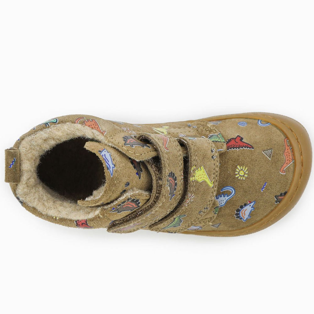 Naturino Barefoot Vont con velcro, ante Dinoland, forro de lana, marrón claro
