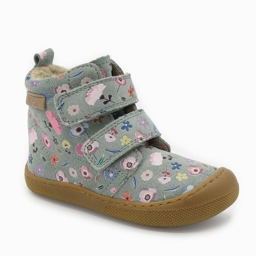 Naturino Barefoot Vont con velcros de ante y lana floral verde salvia