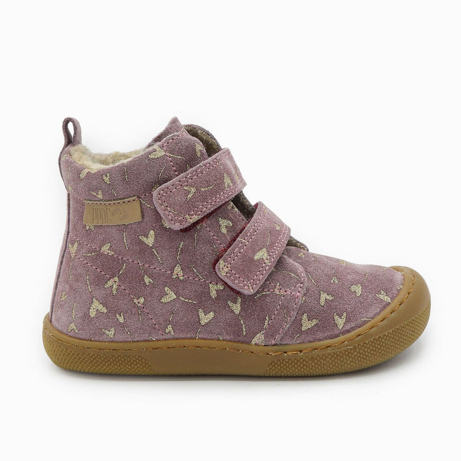 Naturino Barefoot Vont con velcros de ante, purpurina, flores y corazones, forrados de lana