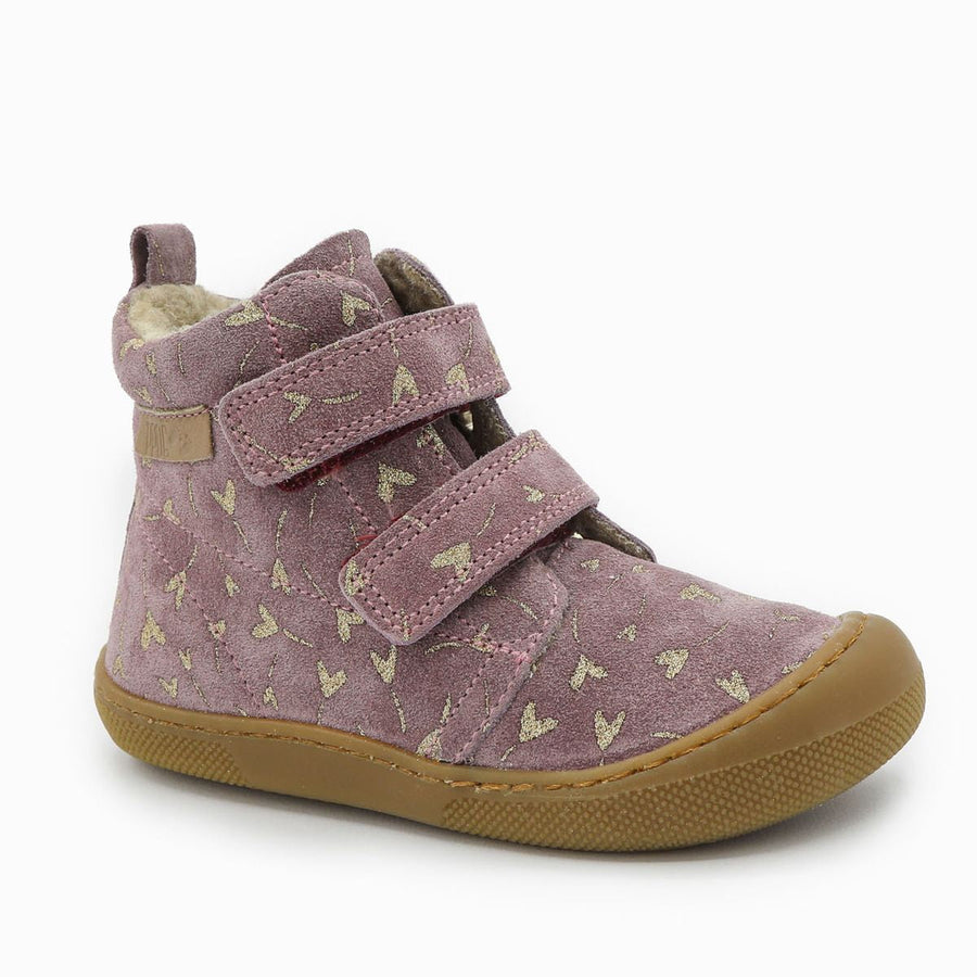 Naturino Barefoot Vont con velcros de ante, purpurina, flores y corazones, forrados de lana