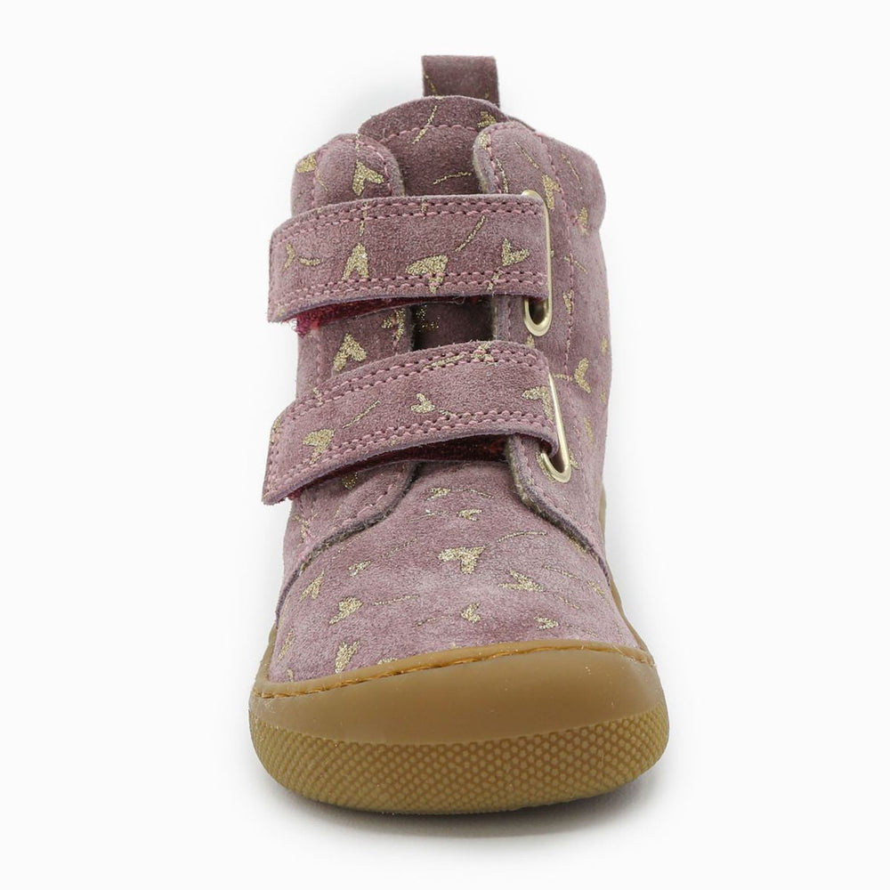 Naturino Barefoot Vont con velcros de ante, purpurina, flores y corazones, forrados de lana