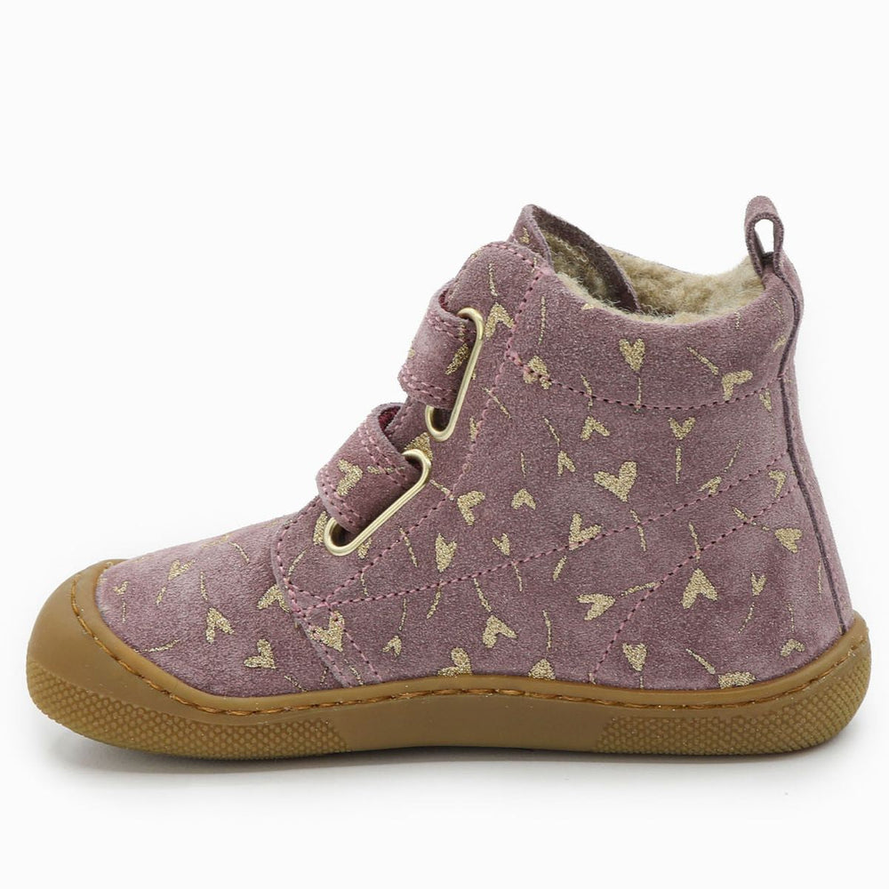 Naturino Barefoot Vont con velcros de ante, purpurina, flores y corazones, forrados de lana