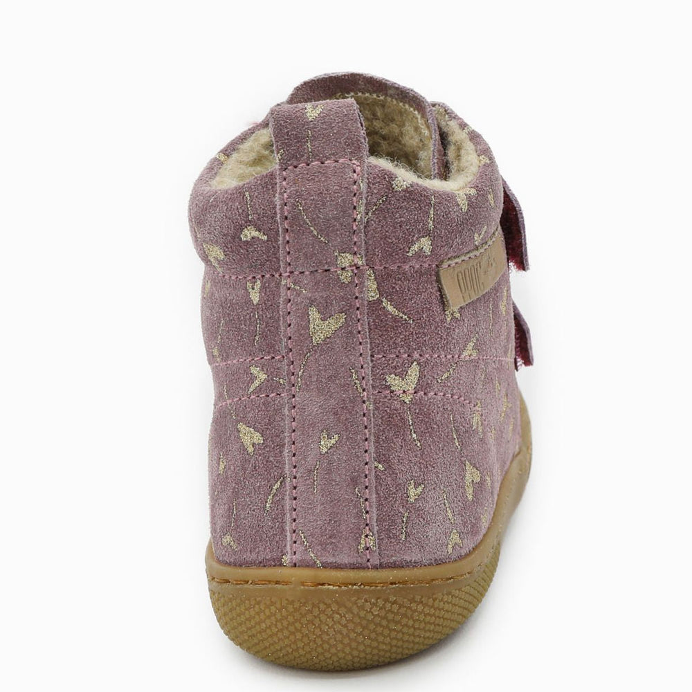 Naturino Barefoot Vont con velcros de ante, purpurina, flores y corazones, forrados de lana