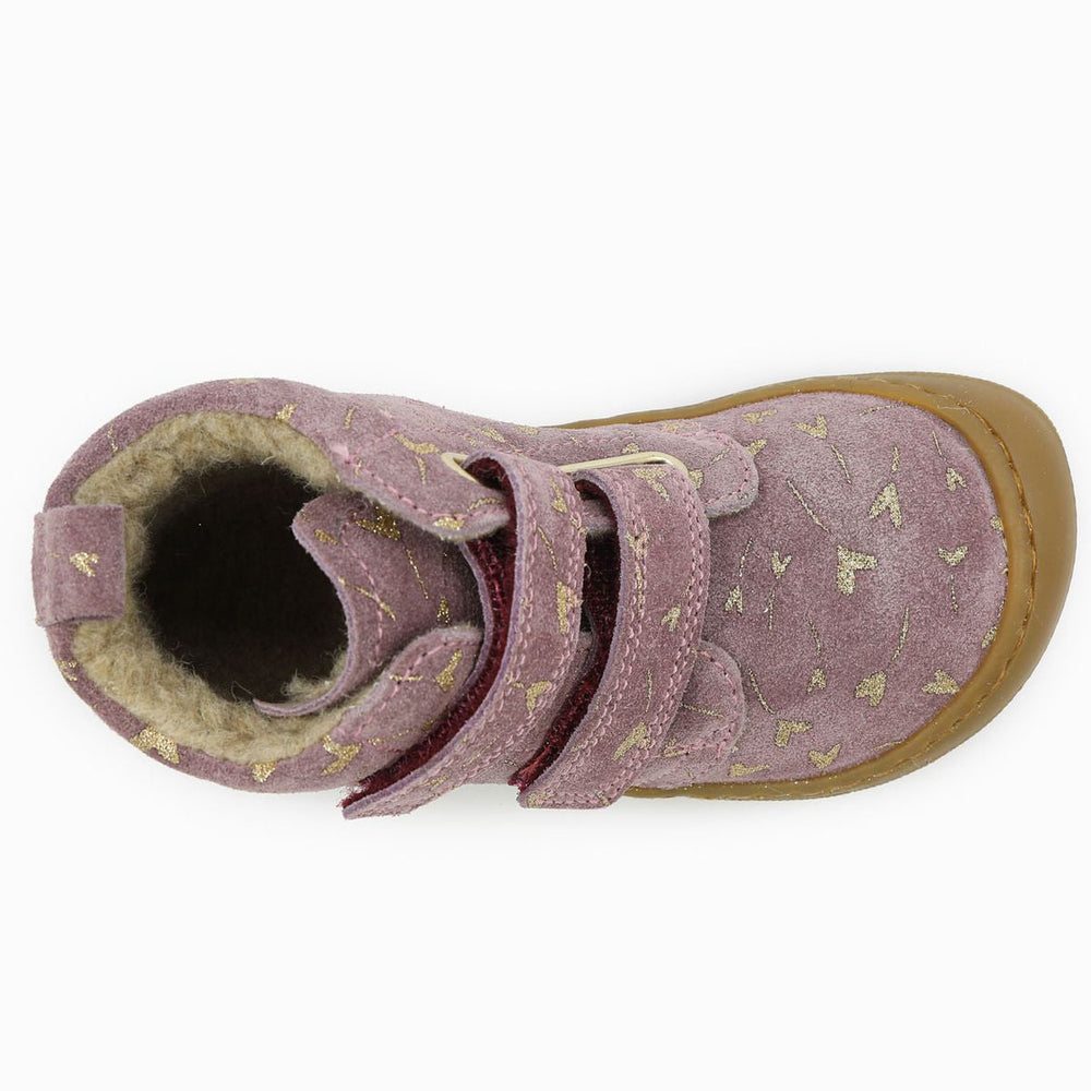 Naturino Barefoot Vont con velcros de ante, purpurina, flores y corazones, forrados de lana